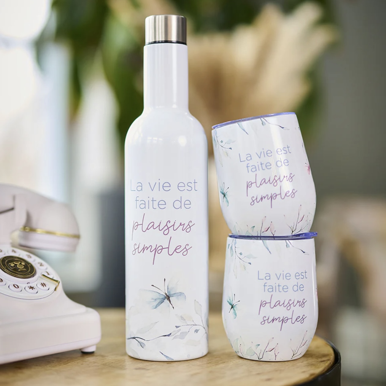 Ensemble de bouteille de verres en acier inoxydable Trios bonheur par Chantal Lacroix