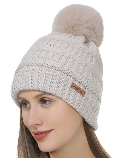 Bonnet en tricot plaire doublé avec pompon en fausse fourrure - Beige – Image 3