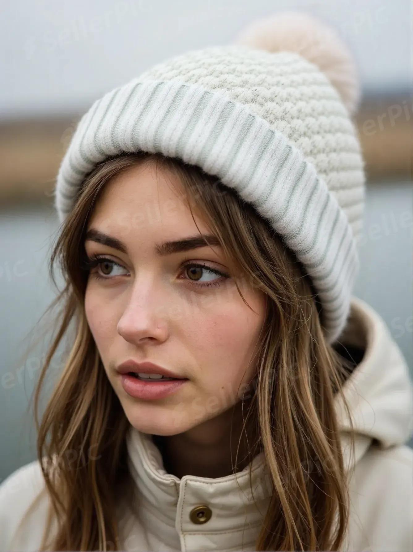 Bonnet tricoté avec pompon en fausse fourrure - Crème – Image 2