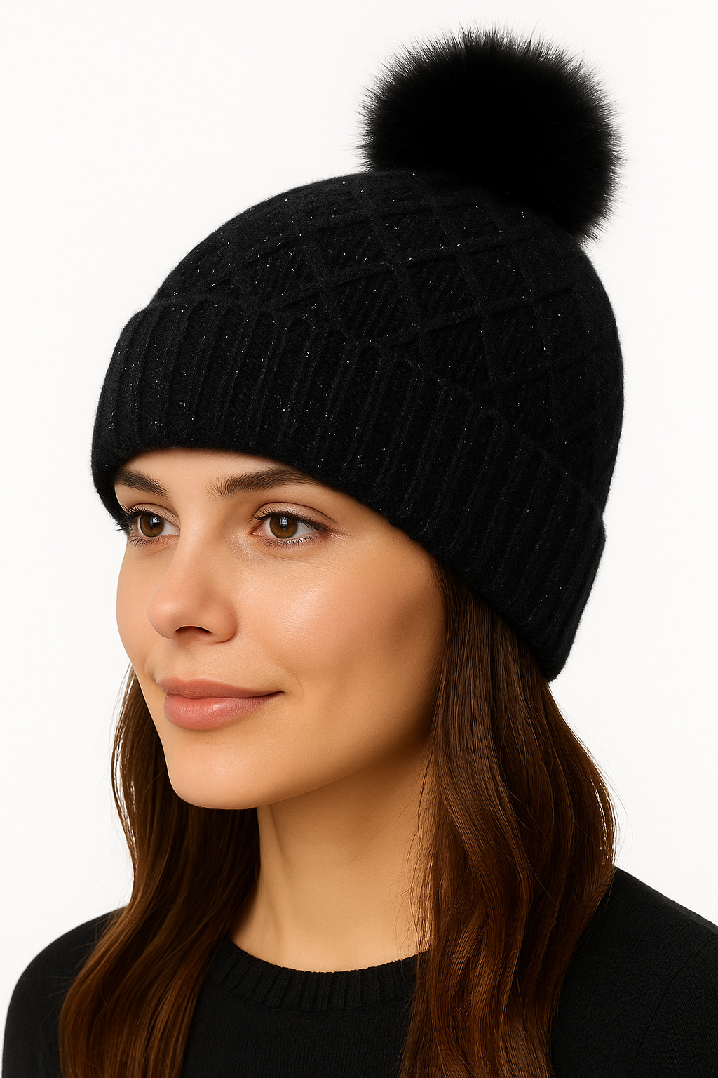 Bonnet tricoté avec pompon en fausse fourrure - Noir – Image 2