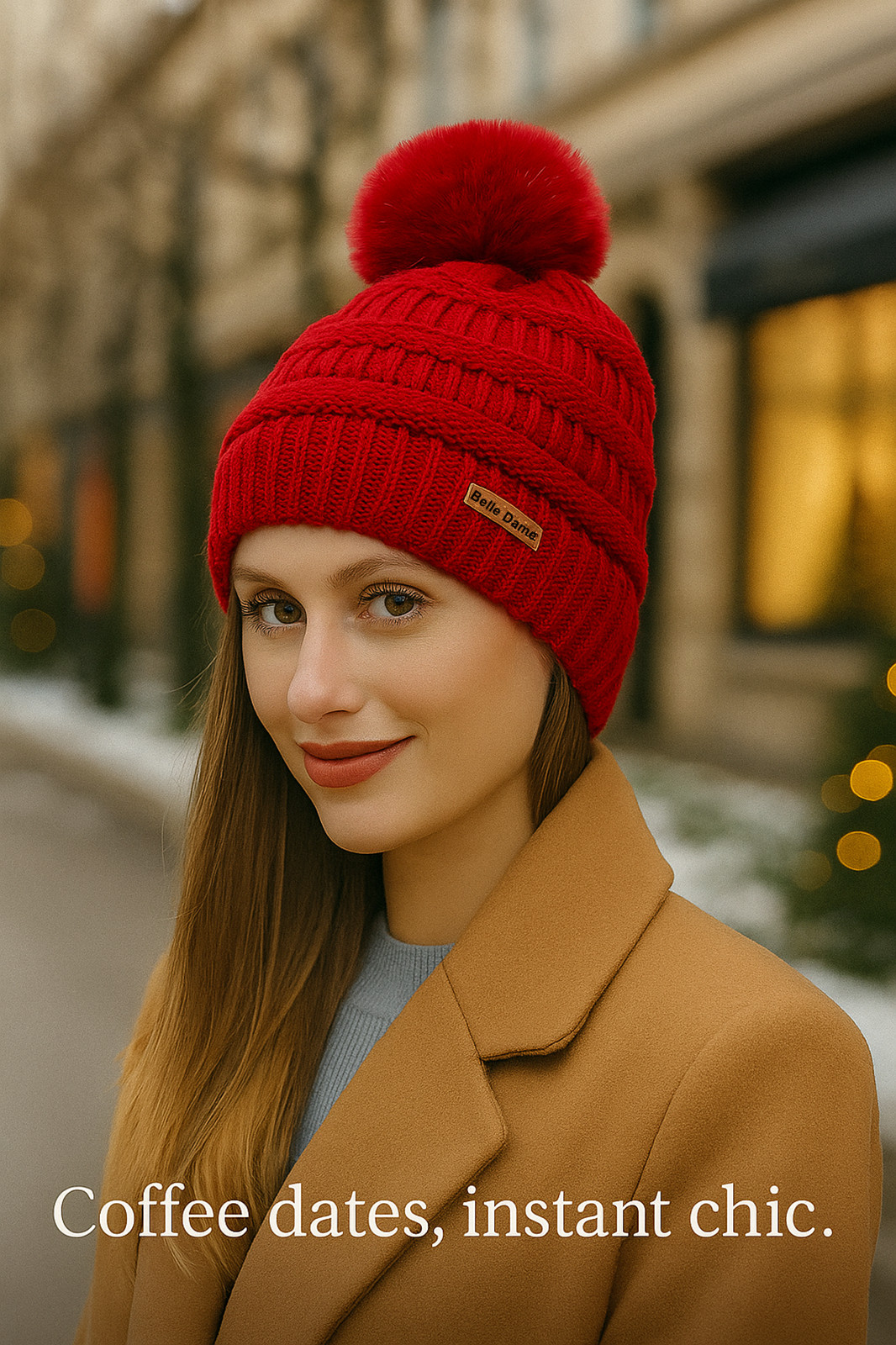 Bonnet en tricot plaire doublé avec pompon en fausse fourrure - Rouge – Image 2