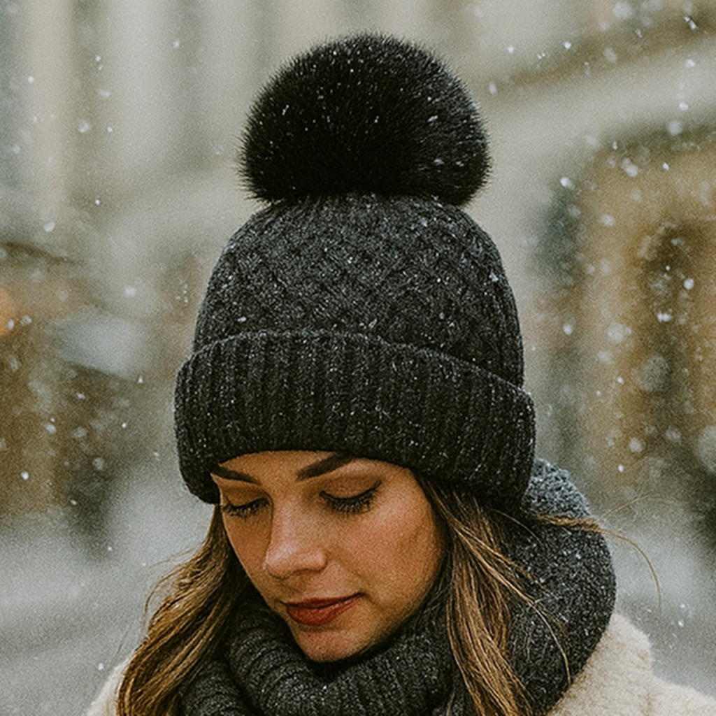 Bonnet tricoté avec pompon en fausse fourrure - Noir