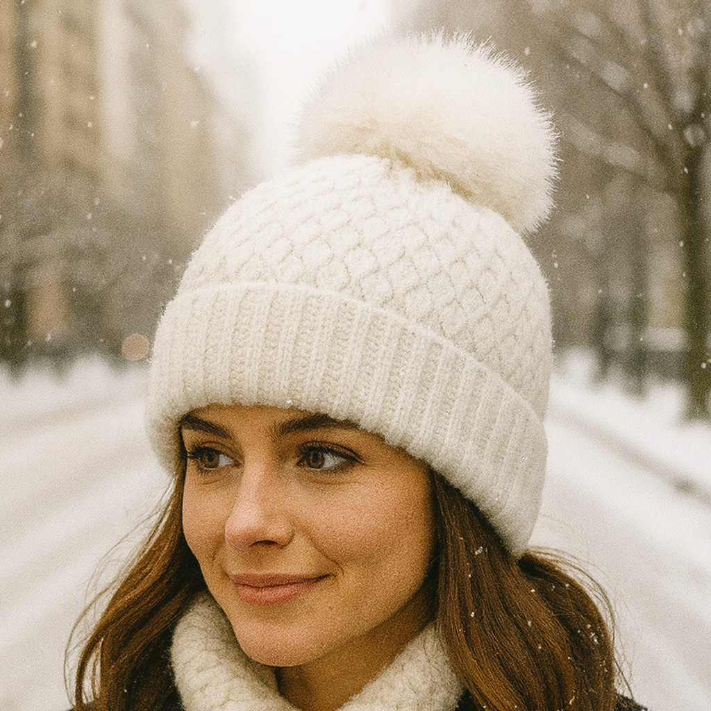 Bonnet tricoté avec pompon en fausse fourrure - Crème