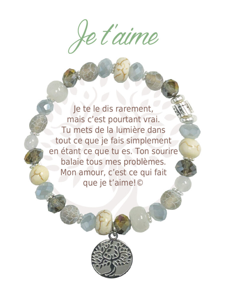 Bracelet semi-précieuses avec message je t'aime - Argent