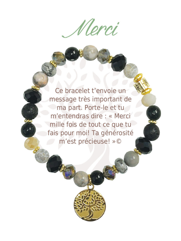 Bracelet semi-précieuses avec message merci - Noir