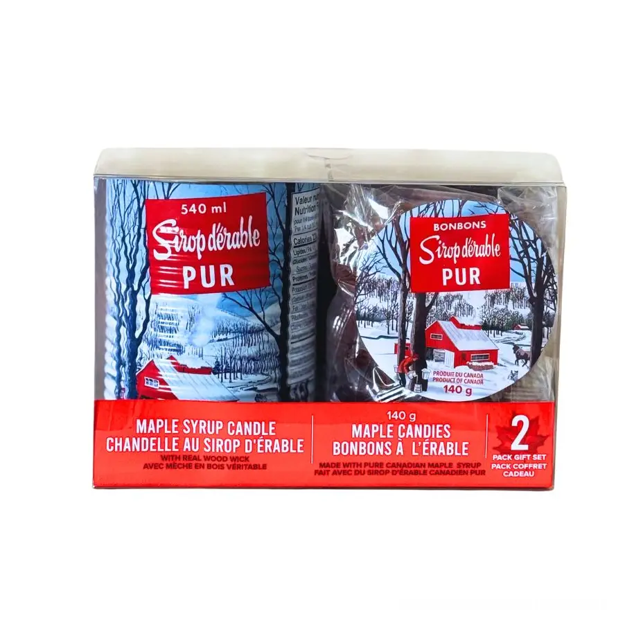Ensemble cadeau bougie au sirop d'érable + bonbons grand(mèche de bois)