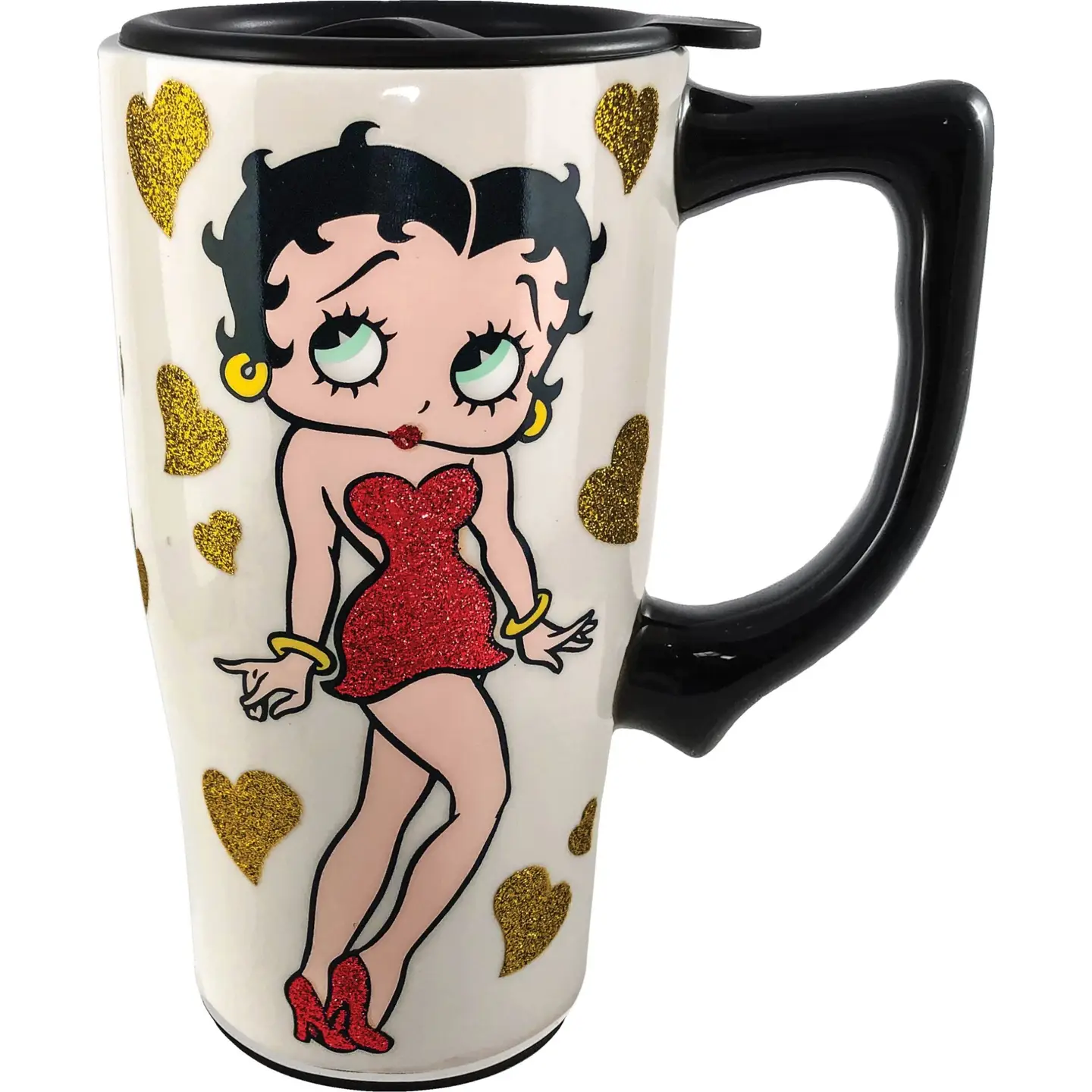 Tasse à café de voyage en céramique avec couvercle anti-déversement - Coeur doré (Betty Boop)