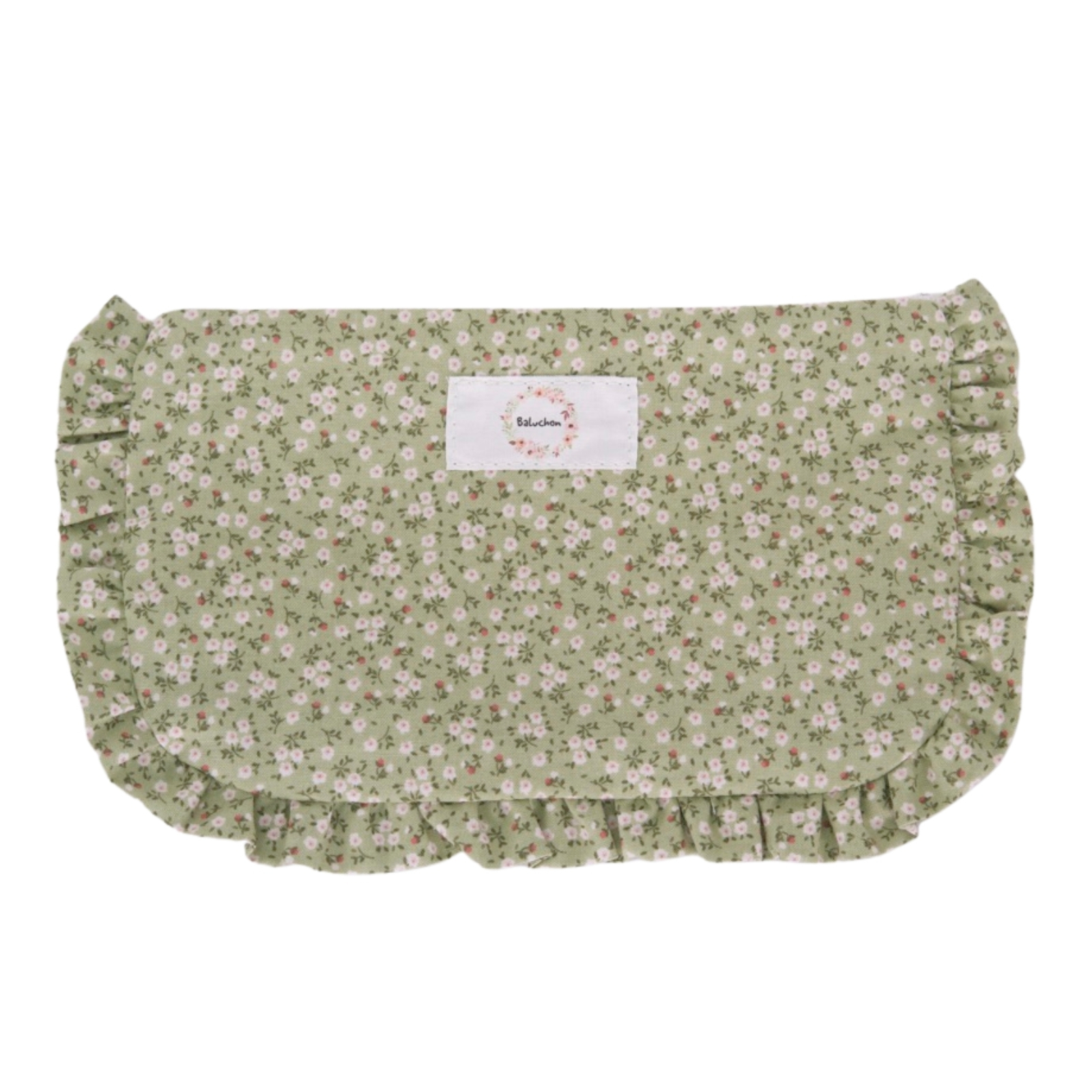 sac à cosmétique froufrou format petit vert avec fleurs - Baluchon – Image 2