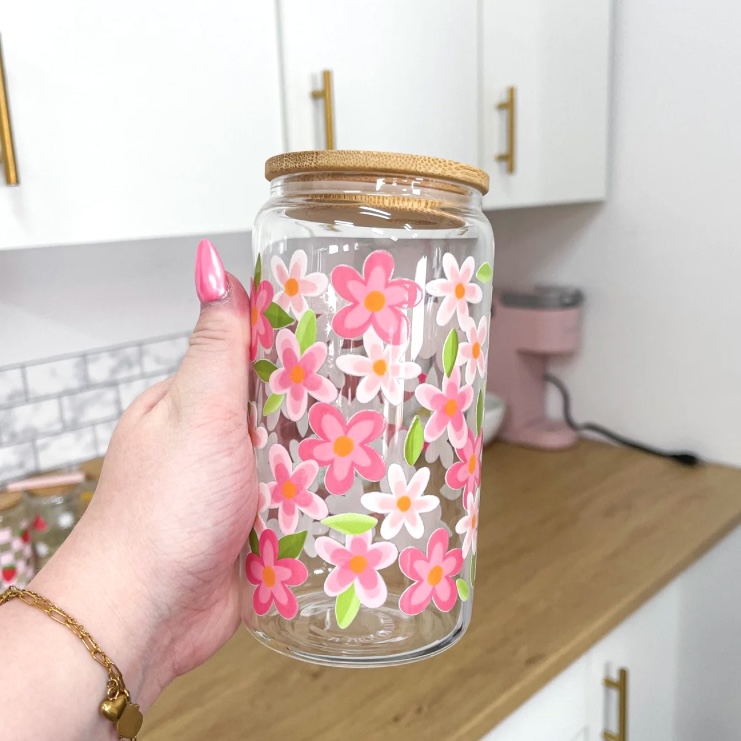 Verre 16 oz avec couvercle en bambou Fleurs fuchsia et feuilles - Alarocquedesign